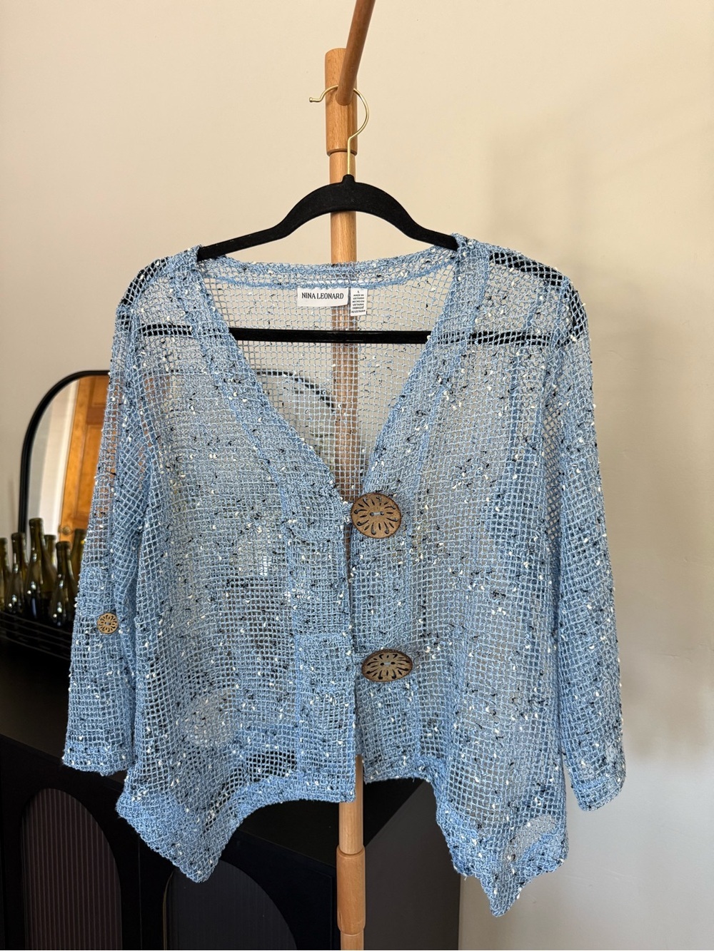 Vintage Nina Leonard Blue Sheer Knit Cardigan Top Women’s Size Large